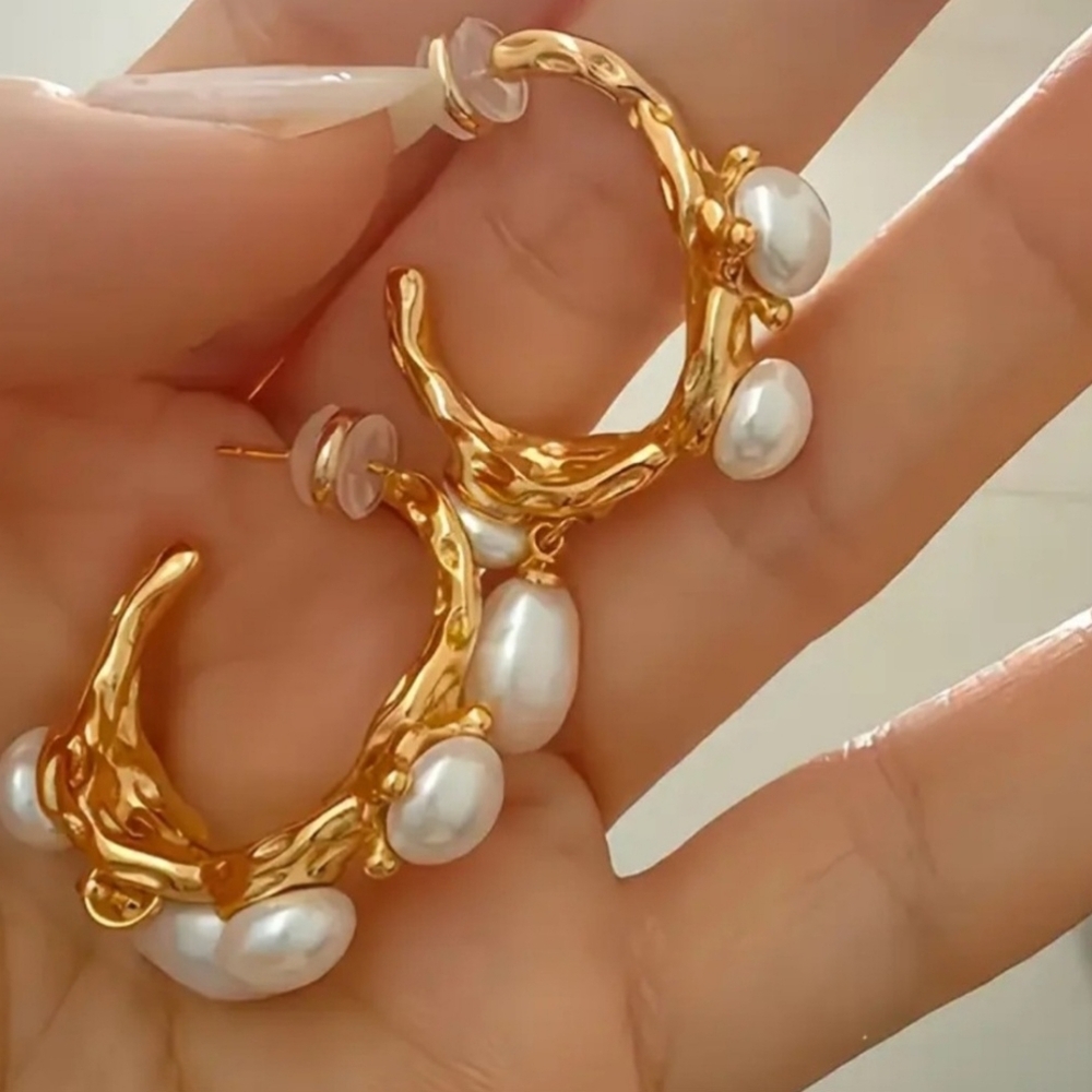 18k Gold Plated & Baroque Pearls Earrings 2” - Picture 2 of 6